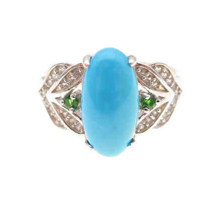 925 Sterling Real Sleeping Beauty Turquoise White Topaz & Peridot Ring Size 8.25