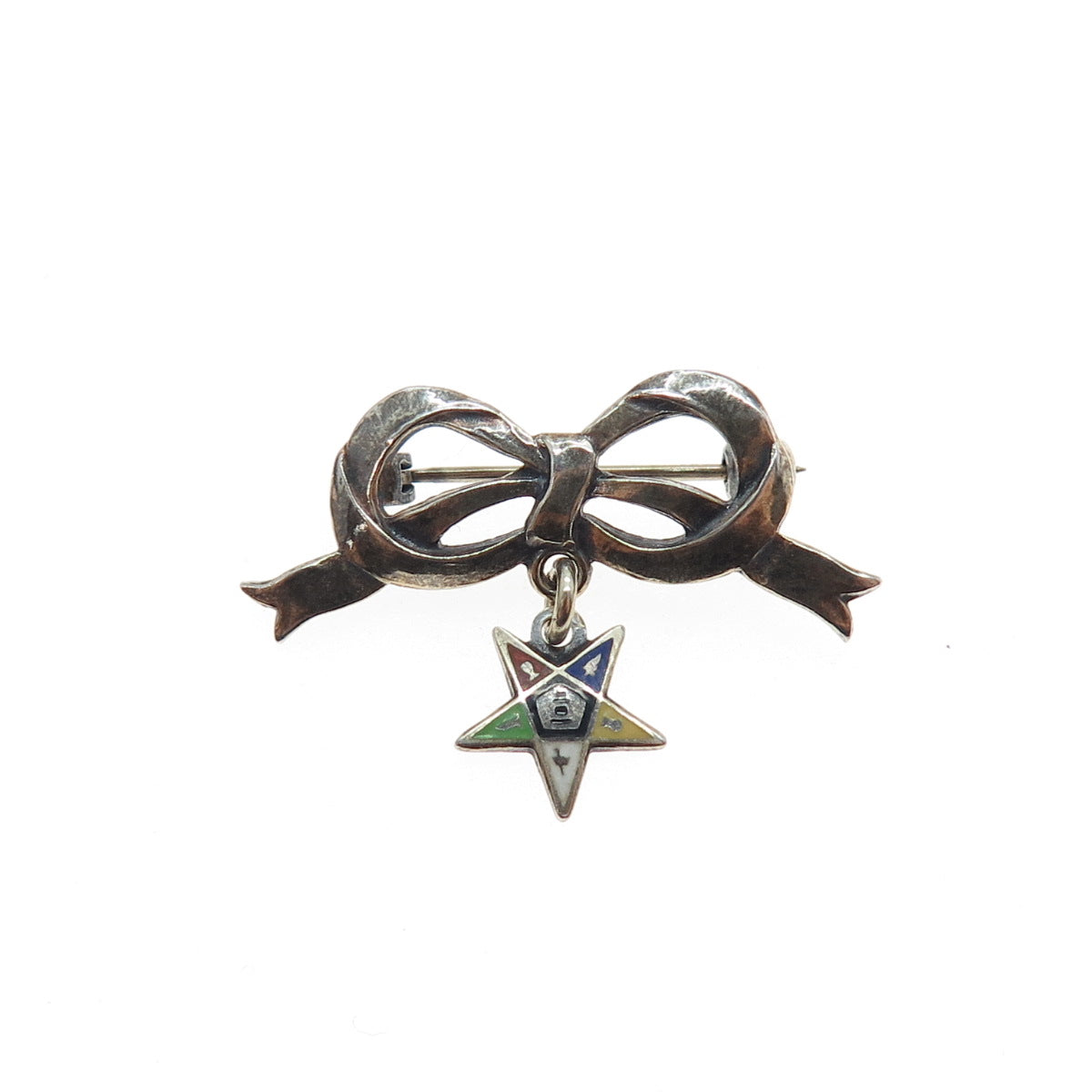 925 Sterling Silver Antique Art Deco Enamel Eastern Star Masonic Bow Pin Brooch
