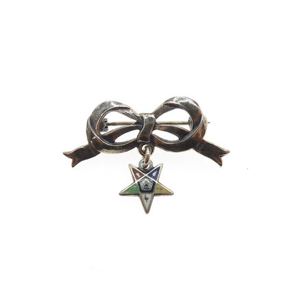 925 Sterling Silver Antique Art Deco Enamel Eastern Star Masonic Bow Pin Brooch