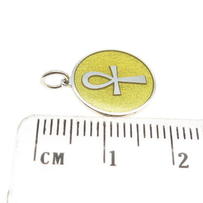 925 Sterling Silver Yellow Enamel Egyptian Ankh Round Minimalist Charm Pendant