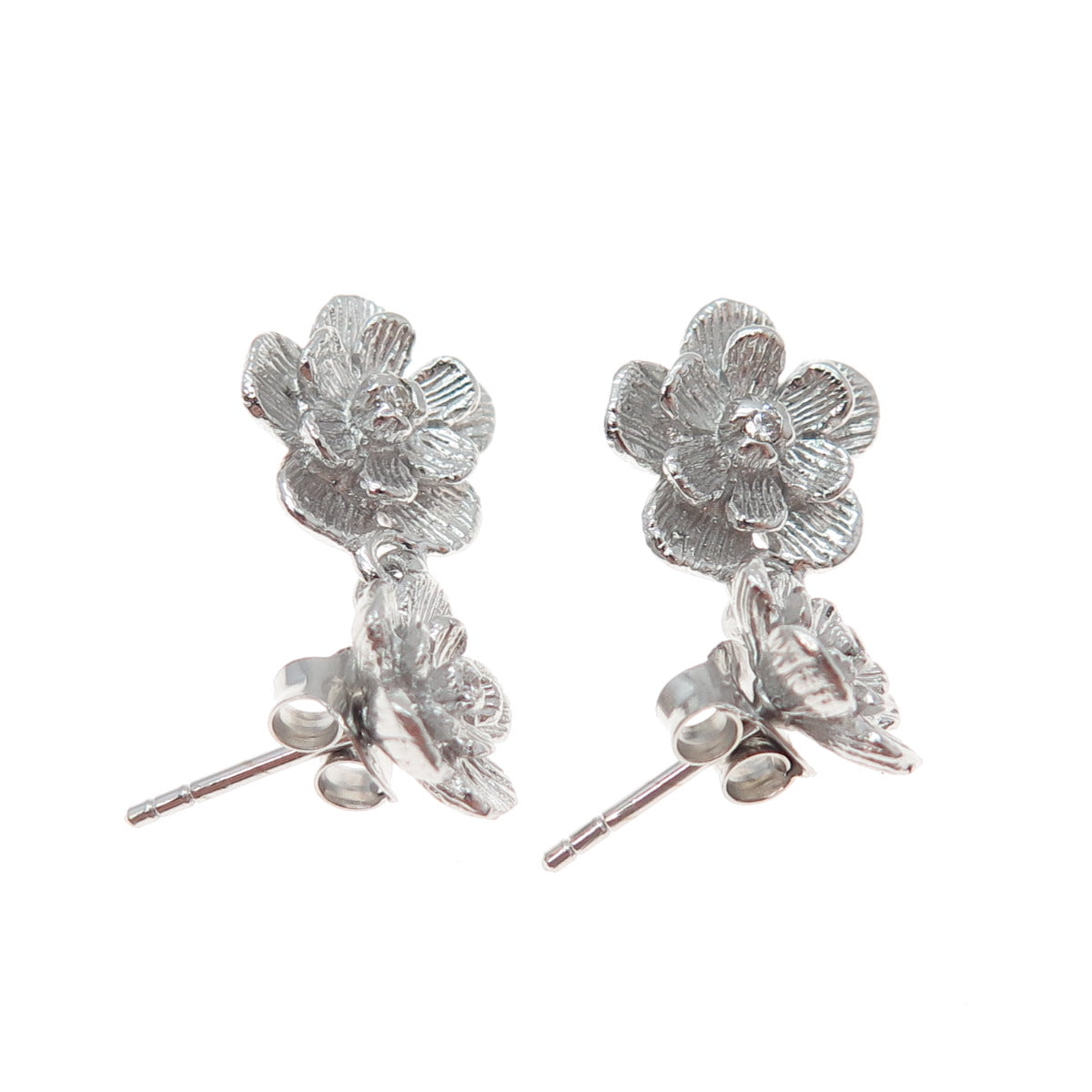925 Sterling Silver Round-Cut C Z Flower Blossom Dangle Earrings