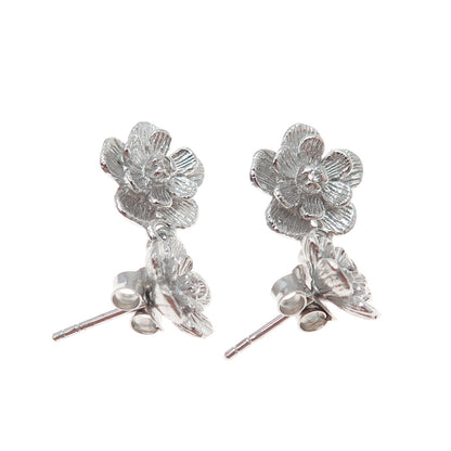 925 Sterling Silver Round-Cut C Z Flower Blossom Dangle Earrings
