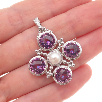 925 Sterling Silver Real Pearl & Mystic Quartz Cross Charm Pendant