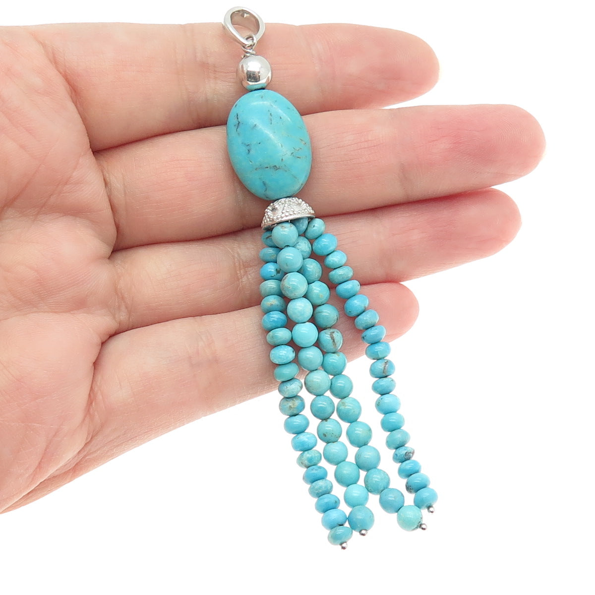 925 Sterling Silver Vintage Real Turquoise Gemstone Beaded Tassel Pendant