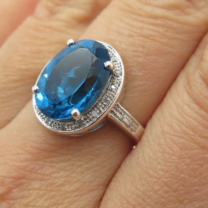 925 Sterling Silver Real Round-Cut Diamond & Swiss Blue Topaz Ring Size 7.25