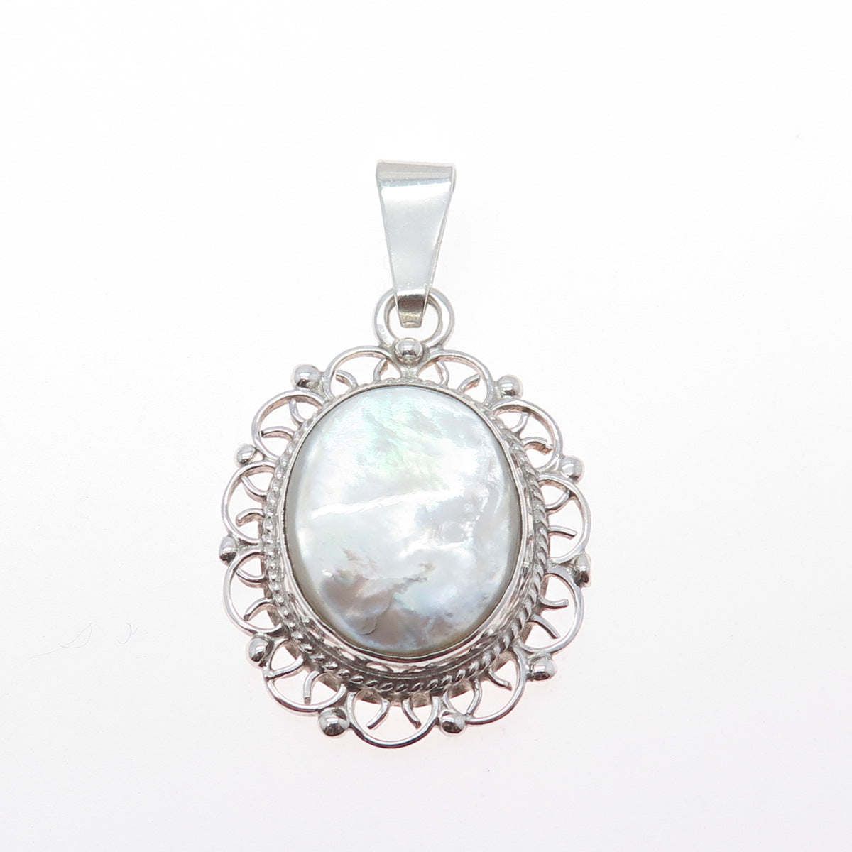 925 Sterling Silver Vintage Mexico Real MOP Ornate Charm Pendant