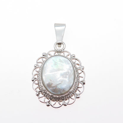 925 Sterling Silver Vintage Mexico Real MOP Ornate Charm Pendant