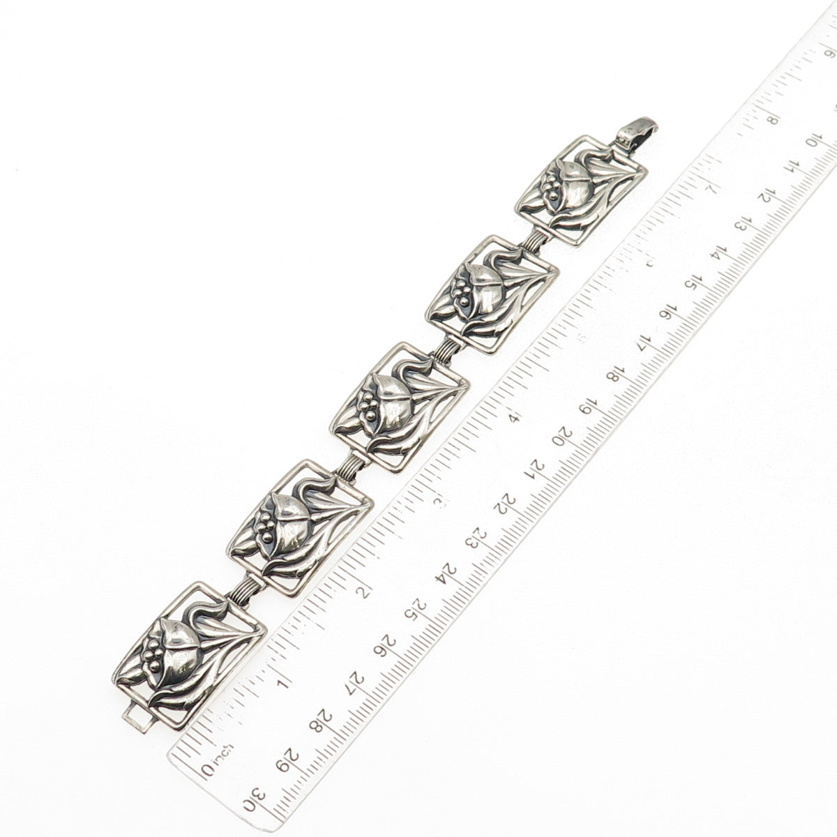 Danecraft Sterling Silver Antique Art Deco Floral Link Oxidized Bracelet 7.25"