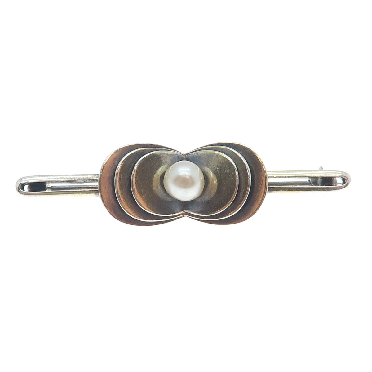 830 Silver Gold Filled Vintage Real Pearl Modernist Oxidized Pin Brooch