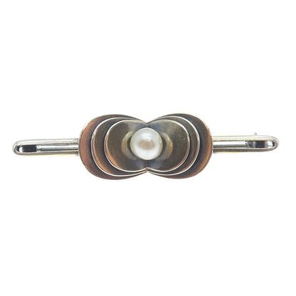 830 Silver Gold Filled Vintage Real Pearl Modernist Oxidized Pin Brooch