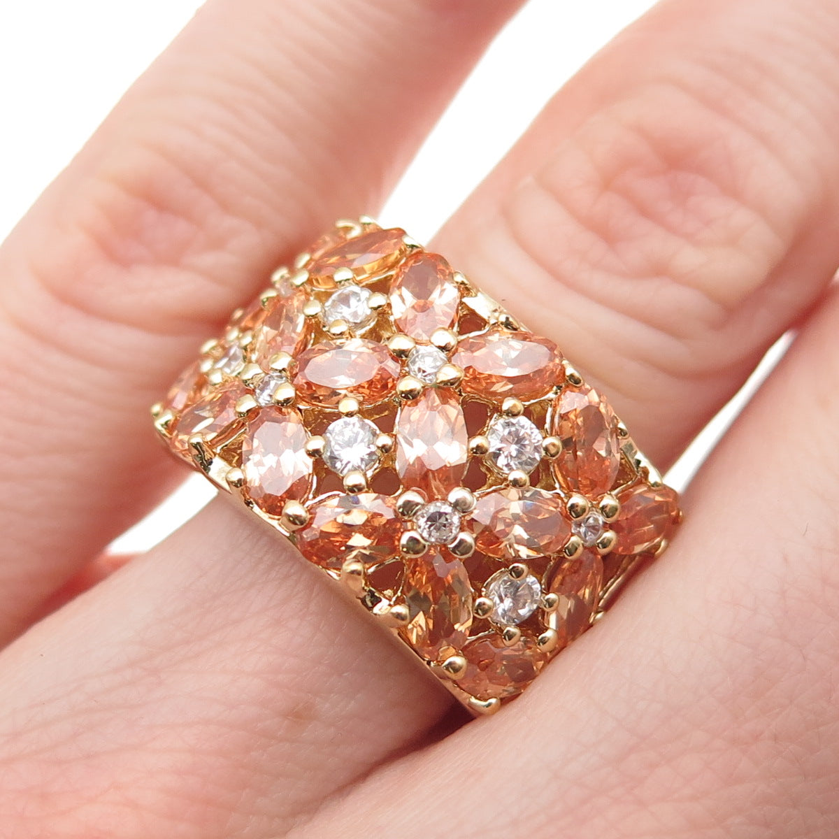 925 Sterling Silver Gold Plated Imperial & White C Z Cluster Ring Size 6