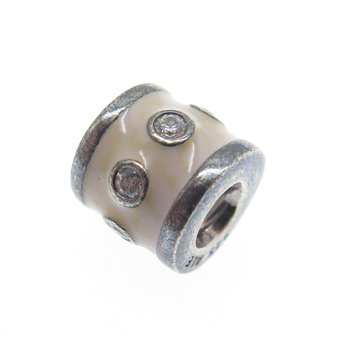 PANDORA 925 Sterling Silver Round-Cut Shaped C Z Cream Enamel Barrel Bead Charm