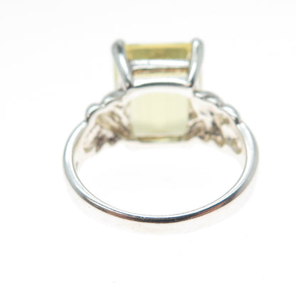 925 Sterling Silver Vintage Real Emerald-Cut Lime Citrine Ring Size 5.75