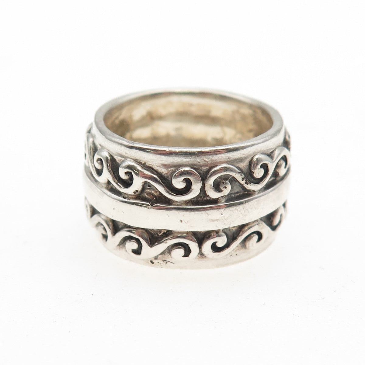 KEN CRAFTS 925 Sterling Silver Vintage Swirl Oxidized Wide Band Ring Size 6.75