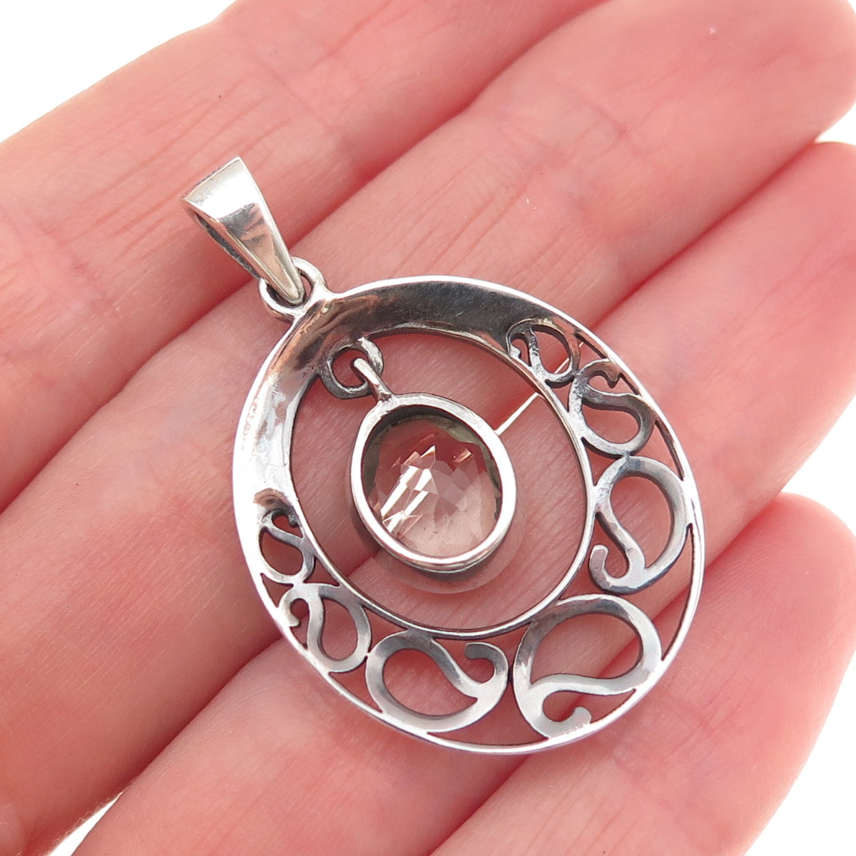 925 Sterling Silver Vintage Real Green Amethyst Crescent Charm Pendant
