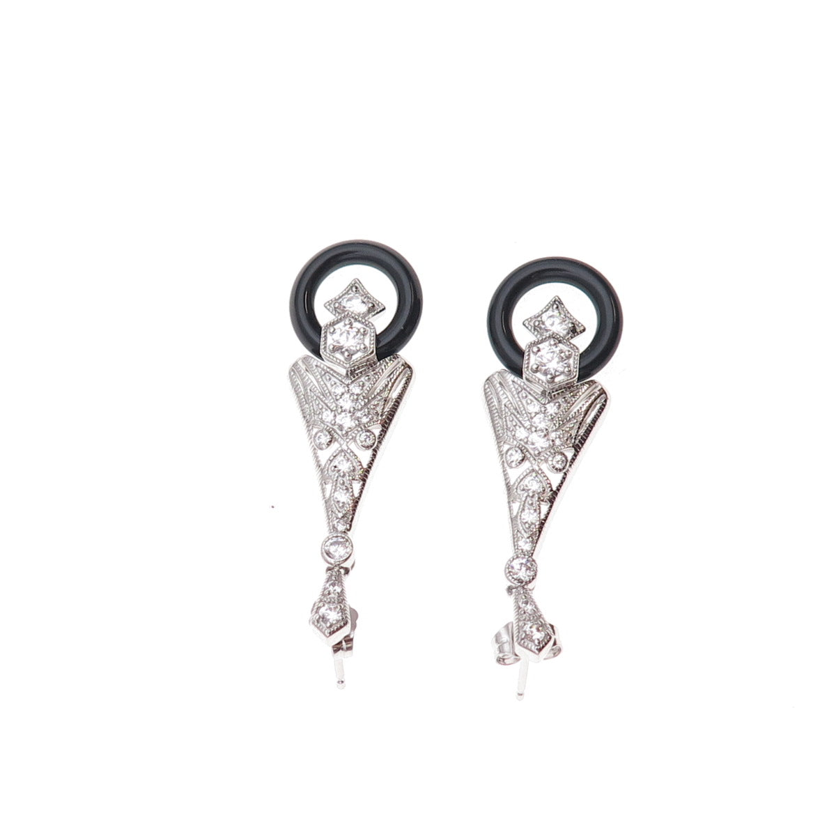 925 Sterling Silver Real Black Onyx & Round-Cut C Z Dangle Earrings