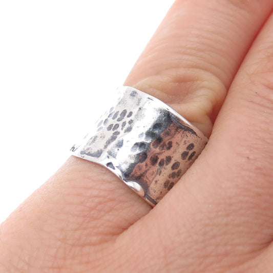 925 Sterling Silver Vintage Modernist Hammered Oxidized Wide Band Ring Size 6.25