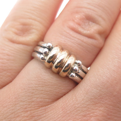 14K Gold 925 Sterling Silver Vintage Modernist Ribbed Oxidized Ring Size 5.75