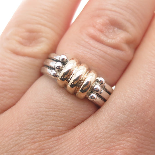 14K Gold 925 Sterling Silver Vintage Modernist Ribbed Oxidized Ring Size 5.75