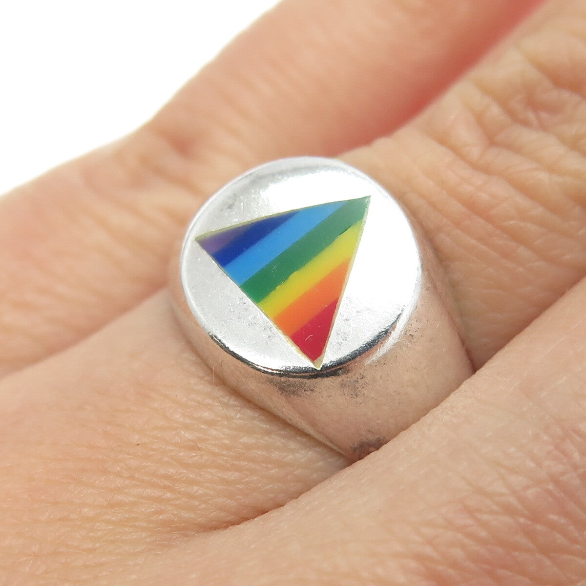 925 Sterling Silver Vintage Rainbow Enamel "Happy Pride" Signet Ring Size 7