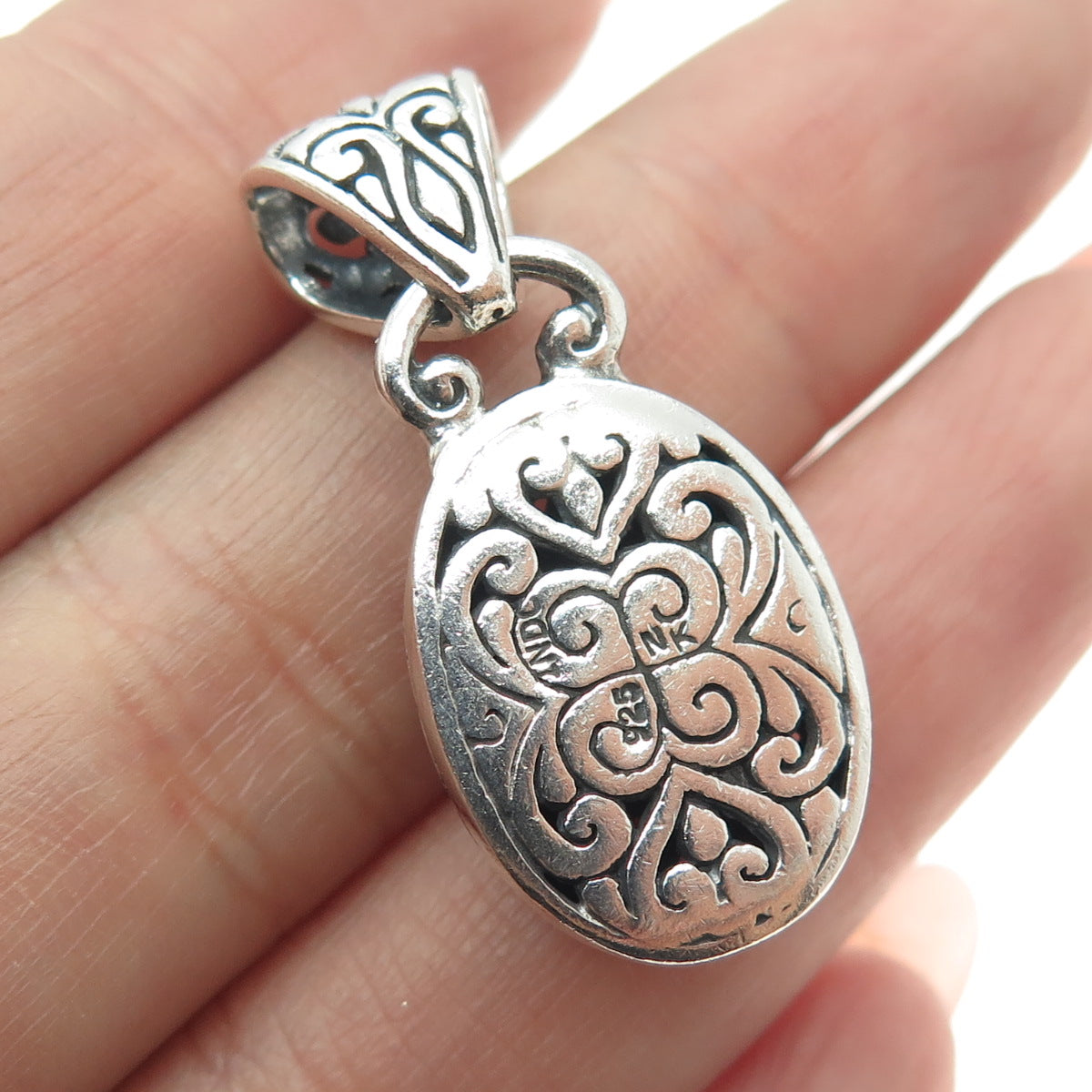 NK SILVER 925 Sterling Vintage Ornate Oval Dome Pendant