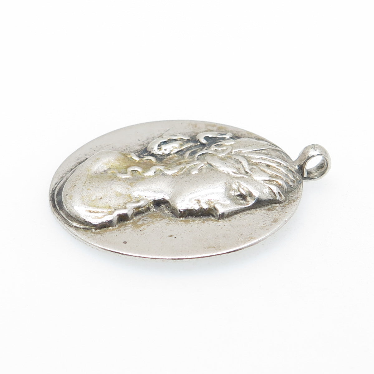 925 Sterling Silver Vintage Victorian Lady Portrait Oxidized Charm Pendant
