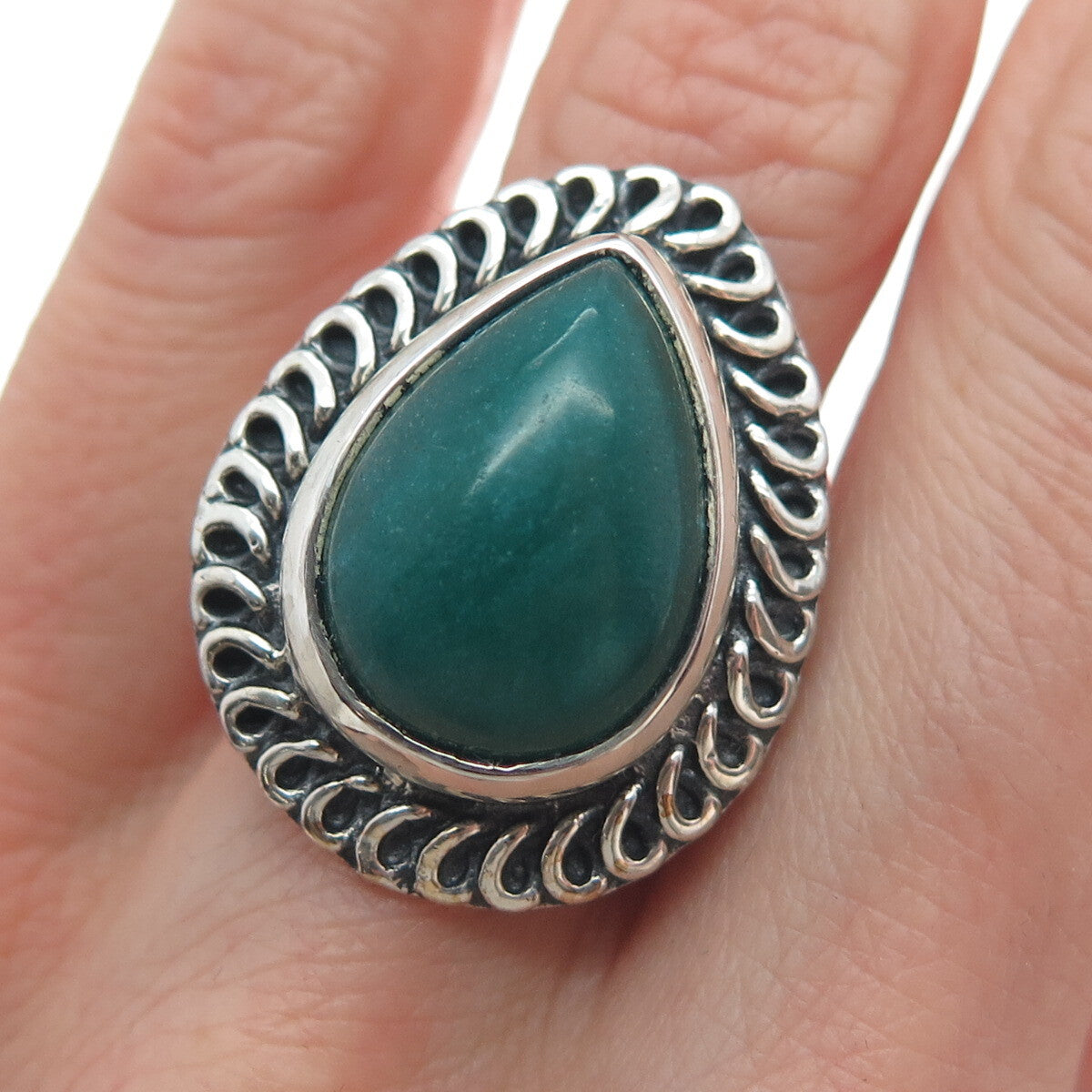 925 Sterling Silver Vintage Pear-Cut Kingman Turquoise Oxidized Ring Size 8.75