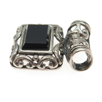 925 Sterling Silver Vintage Real Black Onyx Ornate Slide Oxidized Pendant