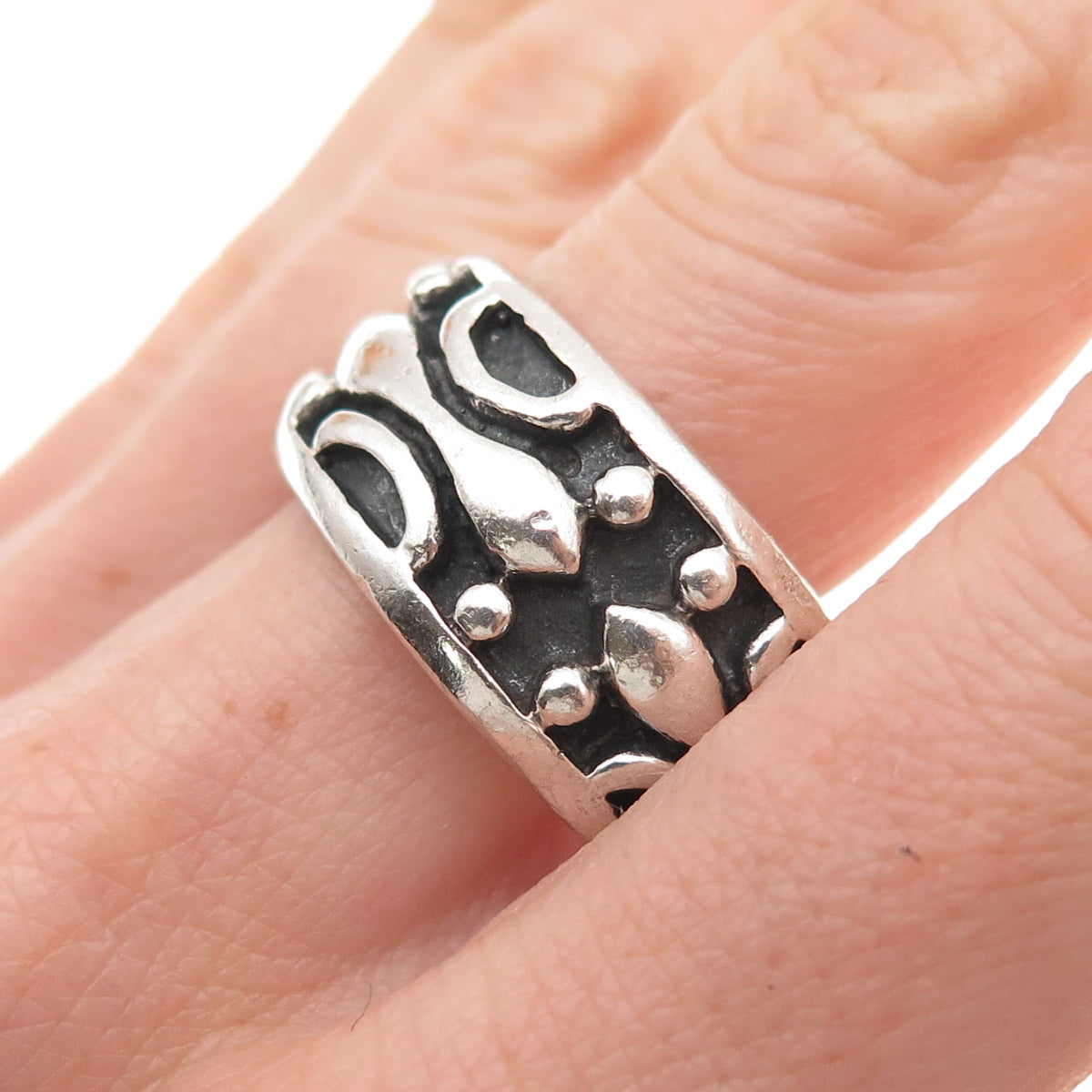 925 Sterling Silver Vintage Modernist Oxidized Wide Band Ring Size 11.25
