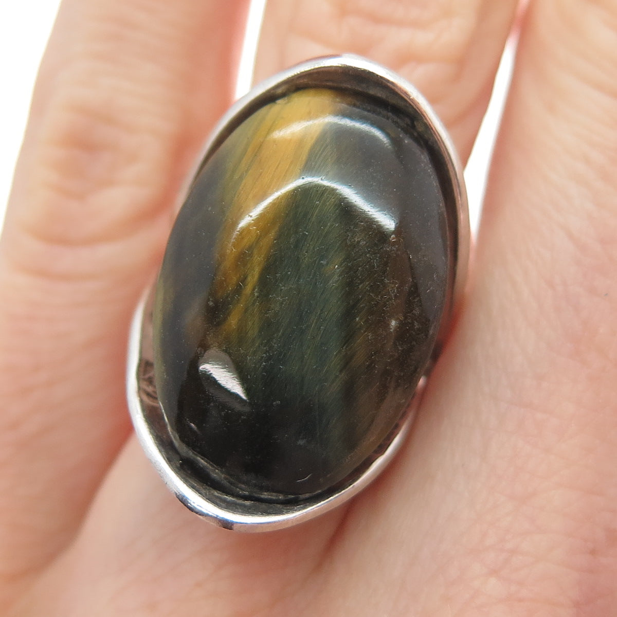 925 Sterling Silver Vintage Mexico Real Tiger Eye Modernist Ring Size 5.25
