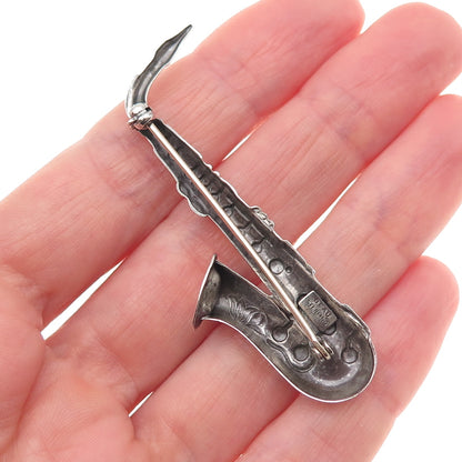 Beau 925 Sterling Silver Antique Art Deco Saxophone Oxidized Pin Brooch