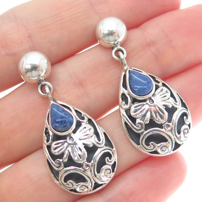 950 Silver Vintage Real Sodalite Gemstone Floral Teardrop Dangle Earrings