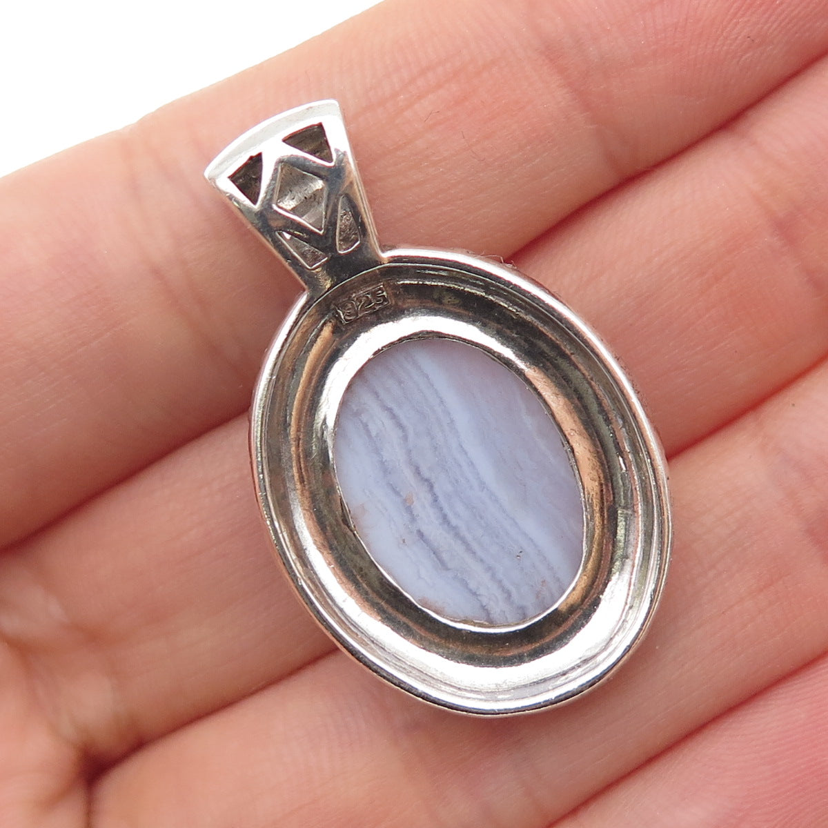 925 Sterling Silver Vintage Real Lace Agate Oxidized Charm Pendant