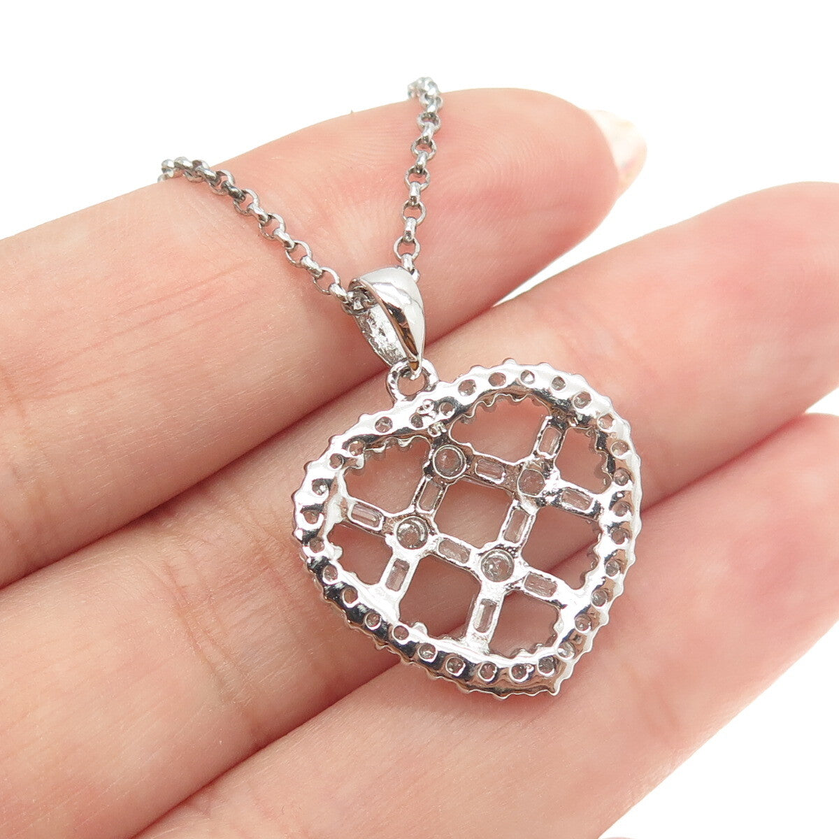 925 Sterling Silver Round & Baguette-Cut C Z Heart Cable Chain Necklace 16"