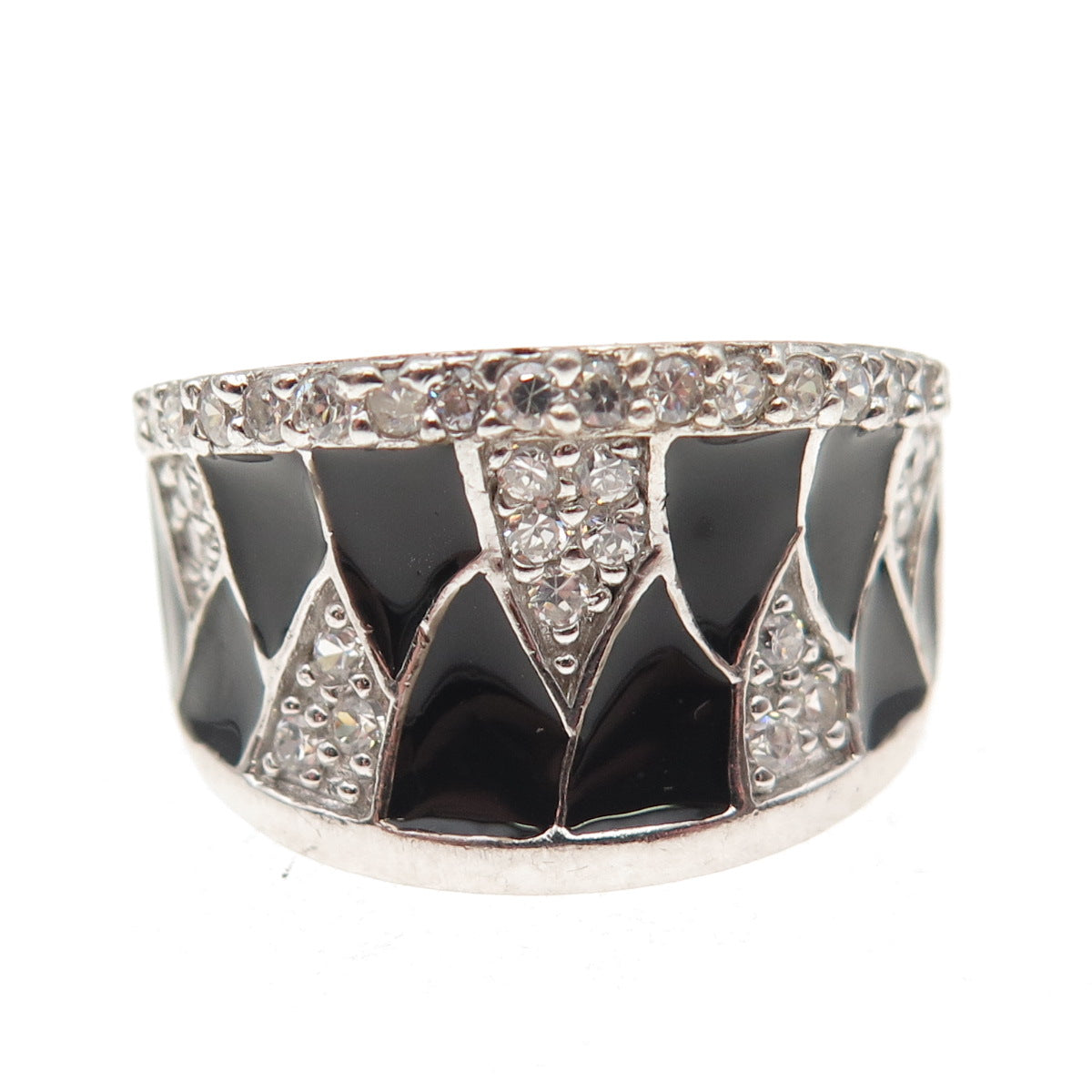 925 Sterling Silver Enamel Round-Cut C Z Modernist Ring Size 7