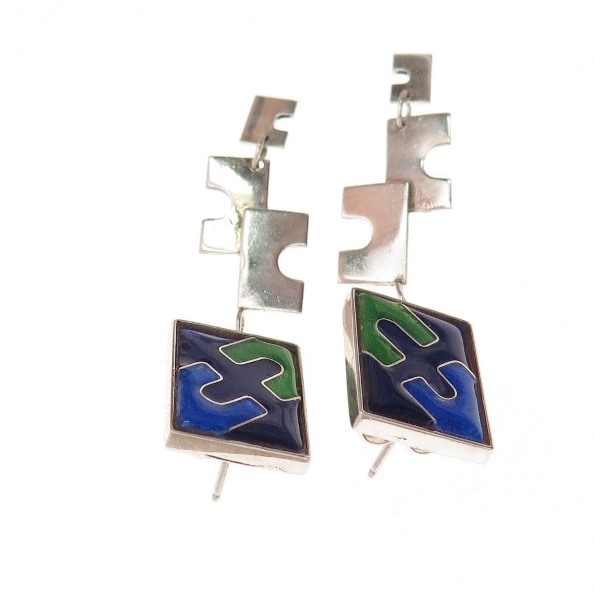 Pino 925 Sterling Silver Vintage Cloisonne Enamel Puzzle Dangle Earrings
