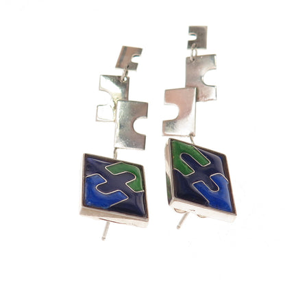 Pino 925 Sterling Silver Vintage Cloisonne Enamel Puzzle Dangle Earrings