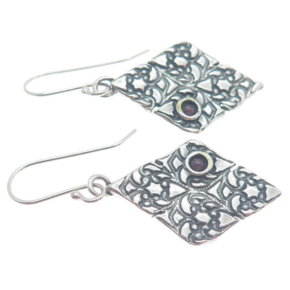 925 Sterling Silver Vintage Real Tourmaline Gem Floral Ornate Oxidized Earrings