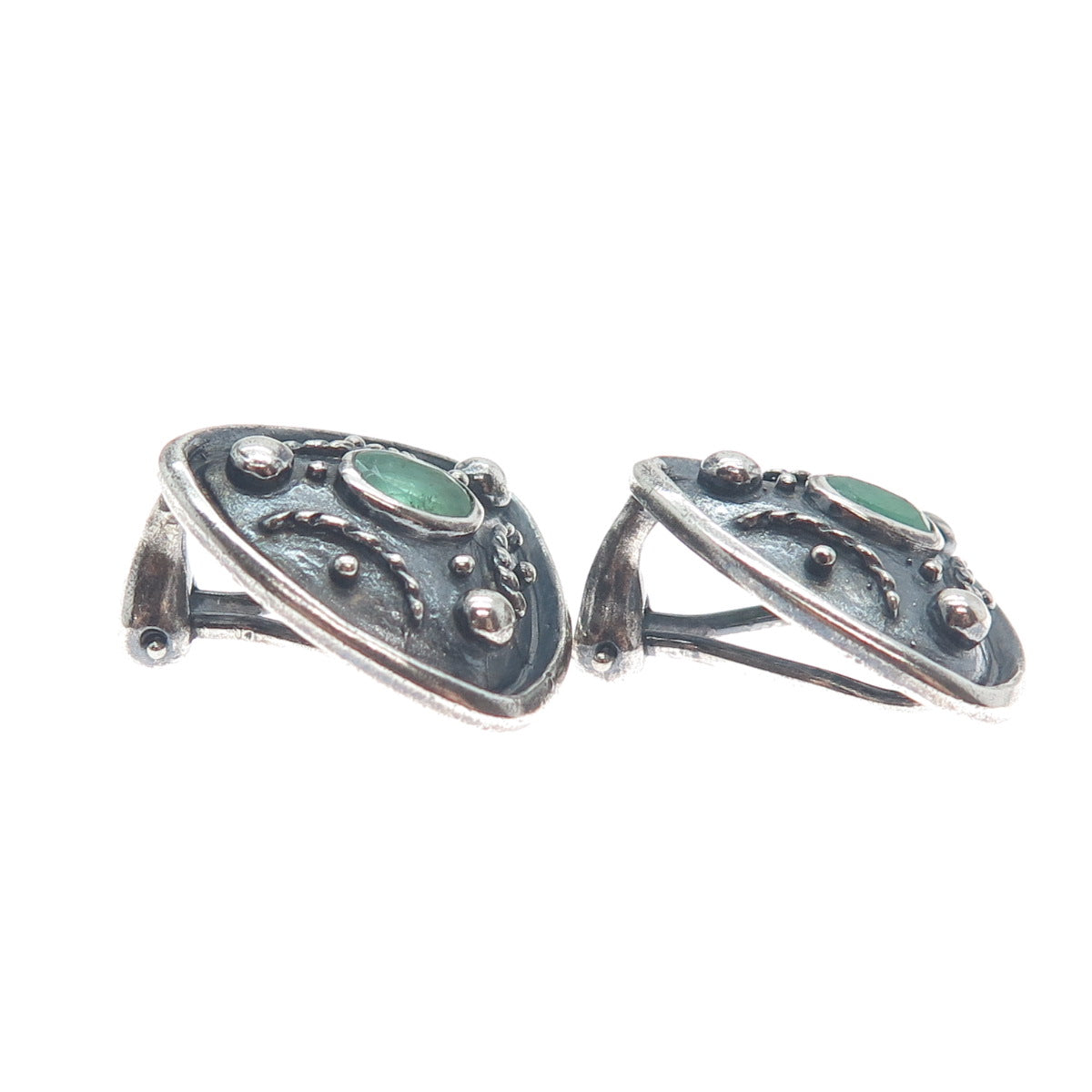 925 Sterling Silver Vintage Real Emerald Modernist Oxidized Clip On Earrings