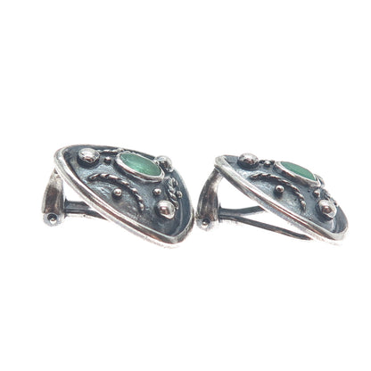 925 Sterling Silver Vintage Real Emerald Modernist Oxidized Clip On Earrings