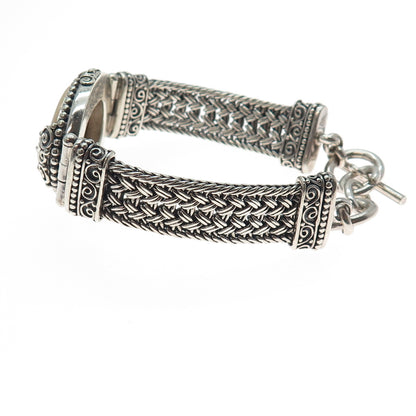 SUARTI BALI 925 Sterling Vintage Real MOP Ornate Heart Woven Link Bracelet 7.25"