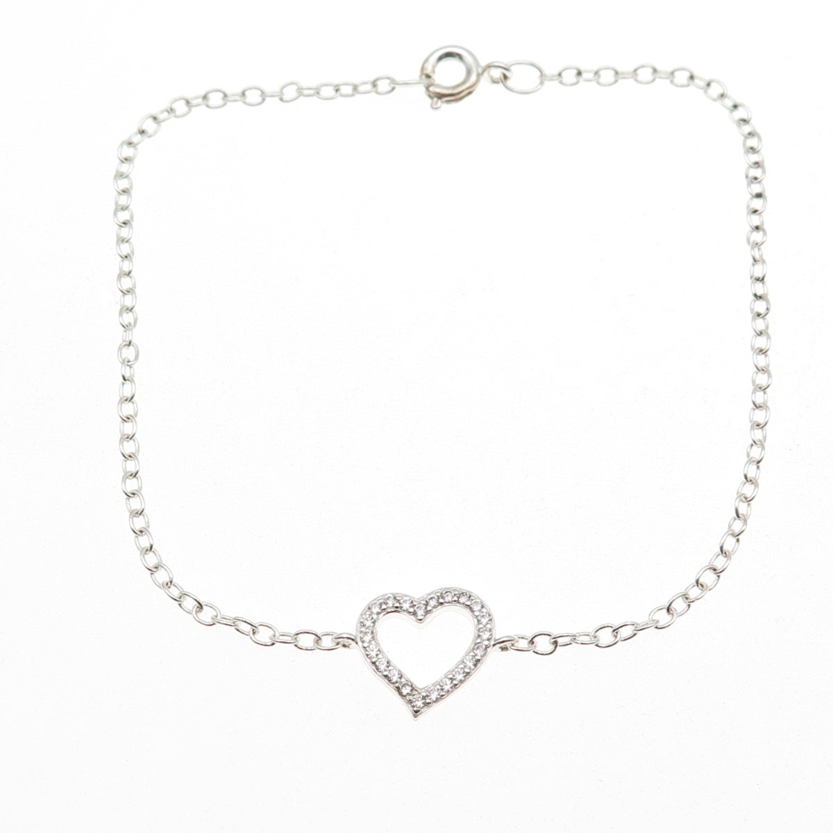 925 Sterling Silver Round-Cut C Z Heart Cable Link Bracelet 8.25"