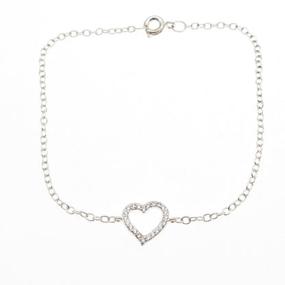 925 Sterling Silver Round-Cut C Z Heart Cable Link Bracelet 8.25"