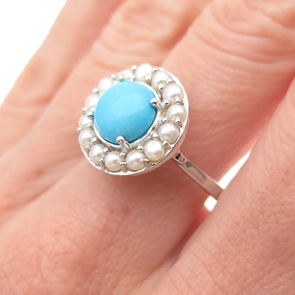 925 Sterling Silver Real Sleeping Beauty Turquoise & Pearl Ring Size 8.25
