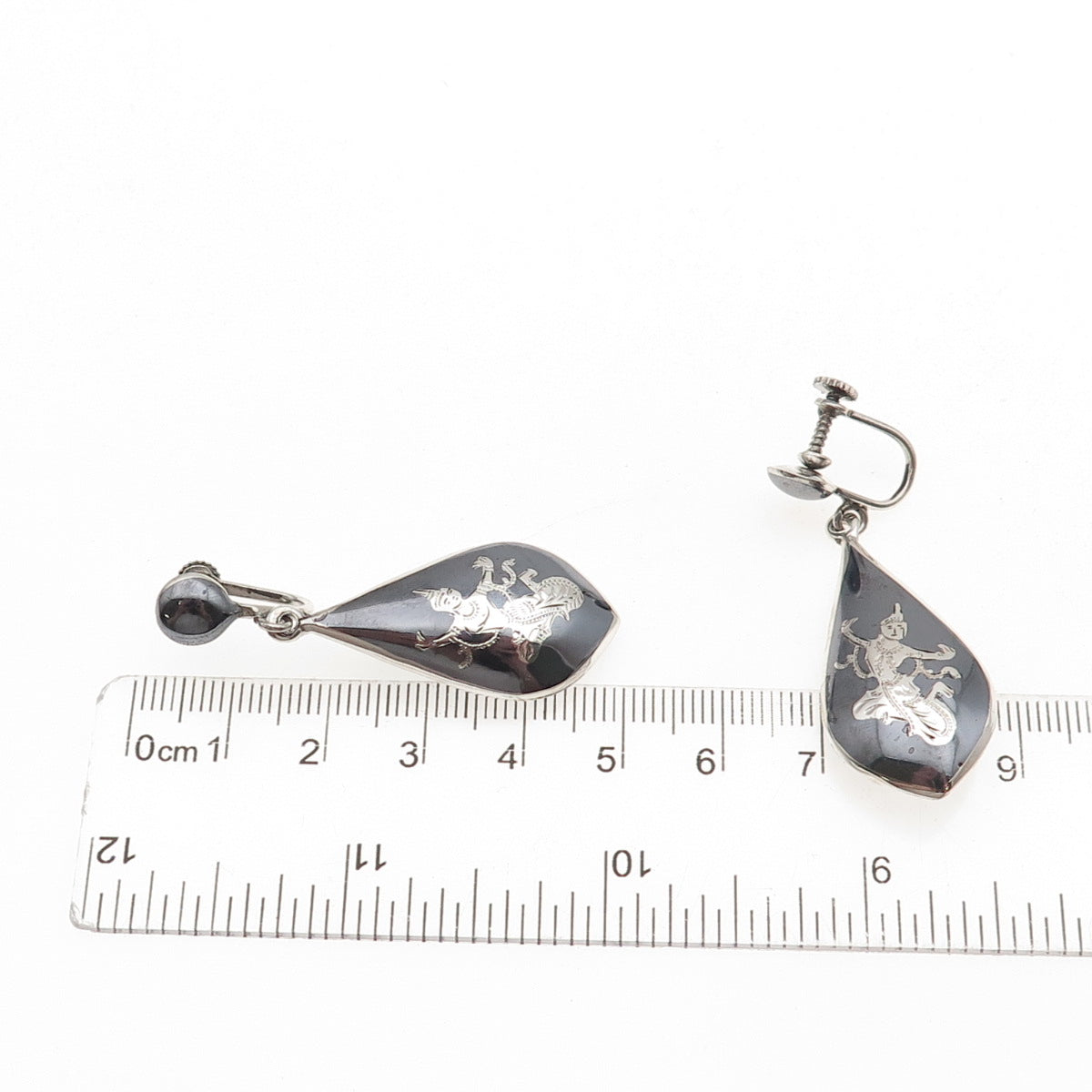 925 Sterling Antique Art Deco Siam Niello Hindu Goddess Screw Back Earrings