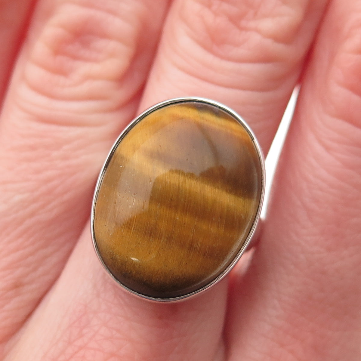925 Sterling Silver Vintage Real Cabochon Tiger Eye Modernist Ring Size 7