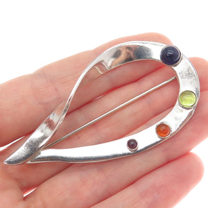 925 Sterling Vintage Real Agate Amethyst Tourmaline & Peridot Modernist Brooch