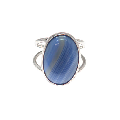 925 Sterling Silver Vintage Real Blue Lace Agate Modernist Ring Size 6.5