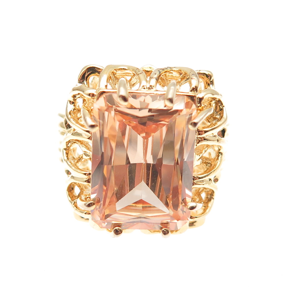 925 Sterling Silver Gold Plated Emerald-Cut Champagne C Z Ring Size 7