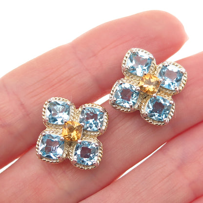FADI 925 Sterling Silver 2-Tone Real Blue Topaz & Citrine Flower Earrings